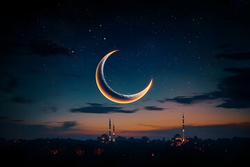 Wall Mural - night sky with a crescent moon signaling the start of ramadan