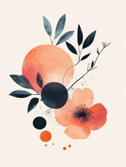 Poster - Abstract Floral Composition Featuring Circular Shapes and Leaves in Soft Pastel Tones on a Light Background