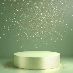 Poster - Sparkling Particles Fall Over a Shimmering Podium Creating a Magical Atmosphere in an Elegant Green Setting Perfect for Celebrations or Product Displays