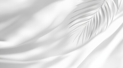 Poster - Flowing White Fabric With Palm Leaf Details Creating an Elegant, Serene Atmosphere in a Soft, Minimalist Setting During Daylight Hours