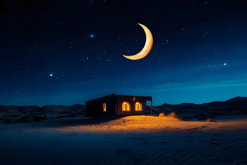 Wall Mural - a crescent moon and star shining over a peaceful desert scene, symbolizing the start of ramadan unde