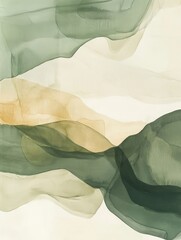 Aufkleber - Abstract Art Featuring Flowing Shapes in Green, Beige, and Cream Colors Created With Fluid Techniques and Subtle Gradients