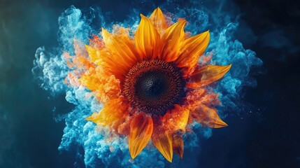 Wall Mural - Vibrant Sunflower Exploding in Colorful Smoke