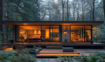 Wall Mural - Modern, illuminated home nestled in forest.