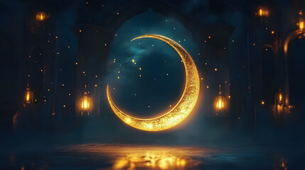 Wall Mural - shining crescent moon that marks the beginning of ramadan, fasting month. islamic religious celebrat