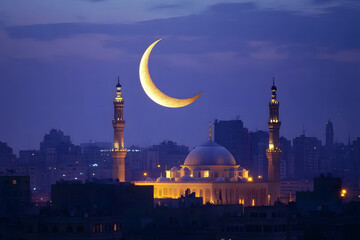 Wall Mural - thin crescent moon glowing in the evening sky, hangs over a modern arabian cityscape symbolizing the