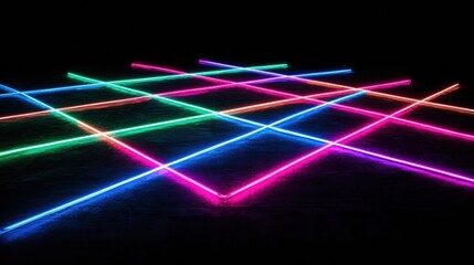 Aufkleber - Glowing neon lines create an abstract design with vibrant colors and intersecting patterns in a dark environment. Generative AI
