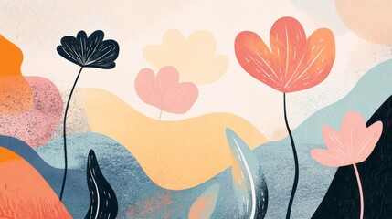 Aufkleber - Colorful Abstract Floral Design With Vibrant Shapes and Textures in a Playful Landscape Setting