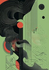 Aufkleber - Creative Abstract Design Featuring Swirling Patterns and Geometric Shapes in Green, Black, and Red Tones, Showcasing an Artistic Representation of Movement and Sound
