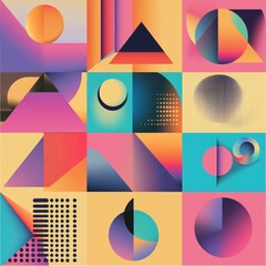 Aufkleber - Vibrant Geometric Patterns Create an Abstract Design With Warm and Cool Color Contrasts, Showcasing Circles, Triangles, and Squares in a Dynamic Composition