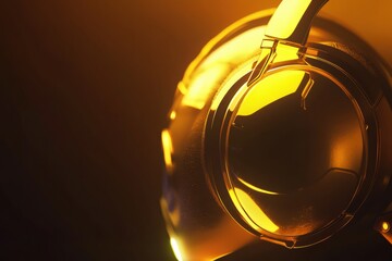Leinwandbilder - Close up view of sleek headphones with a warm glowing atmosphere highlighting design and texture. Generative AI