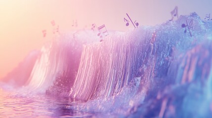 Leinwandbilder - Colorful 3D music notes emerging from vibrant waves in a serene coastal setting at sunset. Generative AI