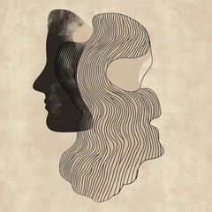 Poster - Abstract Artwork Featuring a Silhouette of a Face and Flowing Lines Representing a Blend of Emotions and Thoughts in a Creative Style