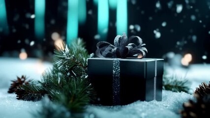 Wall Mural - black gift box with sparkling ribbon near pine branches and snow. christmas and holiday content