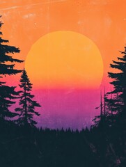 Aufkleber - Retro risograph inspired sunset over a serene forest landscape during twilight hours for a calming ambiance. Generative AI