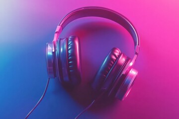 Poster - Close up view of stylish headphones with vibrant lighting showcasing design and texture. Generative AI