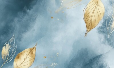 Aufkleber - Elegant Blue and Gold Abstract Art With Leaves Creating a Serene and Modern Atmosphere in a Creative Space or Decor Setting