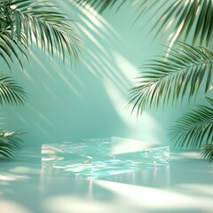 Poster - Elegant Glass Platform Surrounded by Lush Palm Leaves in Soft Green Light Creates a Serene Botanical Atmosphere for Creative Displays