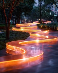 Poster - Illuminated snake-shaped pathways in urban park night walk artistic installation serene atmosphere aesthetic viewpoint