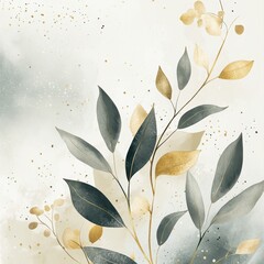 Poster - Beautiful Botanical Artwork Featuring Green and Gold Leaves on a Soft Pastel Background With Delicate Splatters and Textures Creating a Calming Atmosphere