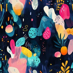 Aufkleber - Vibrant Abstract Art Featuring Bold Shapes and Colors on a Dark Background, Showcasing a Playful Mix of Organic Forms and Textures