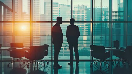 Fototapete - Business professionals engage in discussion in a modern office setting with city skyline views during the early morning
