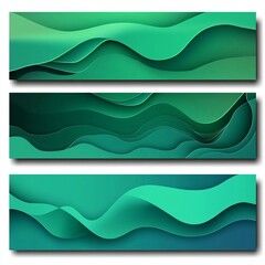 Poster - Colorful Abstract Wave Patterns in Green Shades Created With Layered Designs on Three Panels