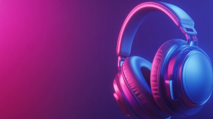 Poster - Detailed close up of modern 3D headphones showcasing vibrant lighting effects in purple and blue hues. Generative AI