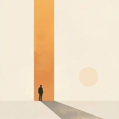 Poster - Person Standing Alone in Front of a Tall Orange Beam Against a Light Background During Sunset