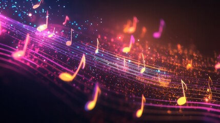 Poster - Glowing neon musical staff lines flowing gracefully in vibrant colors. Generative AI