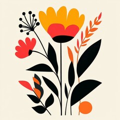 Poster - Colorful Floral Illustration Featuring Stylized Flowers and Leaves in Bold Shades on a Light Background Showcasing Modern Design Elements