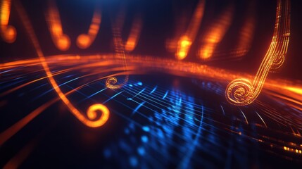 Aufkleber - Flowing musical staff lines features glowing neon tones in a vibrant and dynamic design. Generative AI