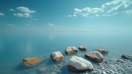 Wall Mural - Serene seascape with smooth water and rocks.