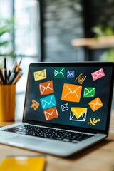 Poster - Colorful Email Icons Displayed on a Laptop Screen in a Modern Workspace Filled With Natural Light and Plants During the Daytime