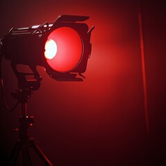 Poster - Bright Red Stage Light Positioned on a Stand, Creating a Dramatic Atmosphere in a Darkened Space During a Rehearsal