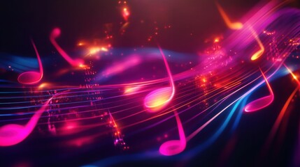 Fototapete - Colorful neon musical staff lines flow gracefully across a dark background with vibrant energy and rhythm. Generative AI