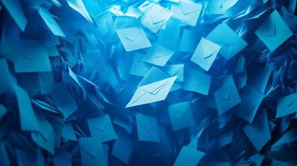 Aufkleber - Blue Envelopes Swirl Dynamically in a Vibrant Backdrop, Creating a Lively and Engaging Visual Experience in a Conceptual Representation of Communication