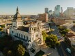 Aerial view of Minneapolis, MN, showcasing the Basilica of St. Mary's and the city skyline. Beautiful architecture and urban landscape. Basilica Of Saint Mary, Minneapolis, Minnesota, United States