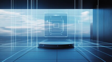 Poster - Abstract Digital Space With Glowing Grid Lines and a Central Platform Under a Cloudy Sky in a Futuristic Environment