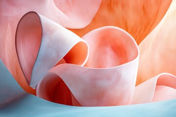 Poster - Colorful Abstract Shapes Intertwine in a Soft Composition of Curves and Layers, Showcasing a Harmonious Blend of Hues in a Serene Setting