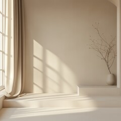 Poster - Soft Sunlight Streams Through a Large Window Illuminating a Serene Indoor Space With Minimalist Decor and a Simple Vase