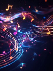 Aufkleber - Flowing musical staff lines illuminated in vibrant neon tones creating an enchanting atmosphere filled with rhythm. Generative AI