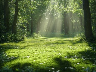 Poster - Sunlight Filters Through Trees Creating a Serene Atmosphere in a Lush Green Forest During a Calm Morning