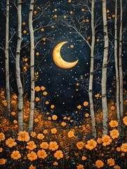 Canvas Print - Night scene with crescent moon, birch trees, and orange wildflowers.