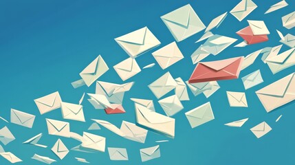 Aufkleber - Digital Representation of Flying Envelopes Symbolizing Communication and Connection in a Vibrant Blue Background With Variations in Envelope Colors and Orientations