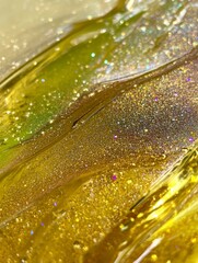 Poster - Captivating Golden Liquid With Sparkling Glitter Creates a Mesmerizing Abstract Pattern in Vibrant Hues of Green and Yellow During Bright Daylight