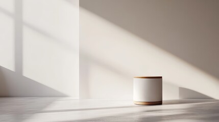 Poster - Minimalist Design Showcases a White Cylindrical Object Illuminated by Warm Sunlight in an Airy Room