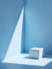 Poster - Bright Blue Corner With a White Cube Illuminated by Soft Light, Creating a Minimalist Artistic Composition