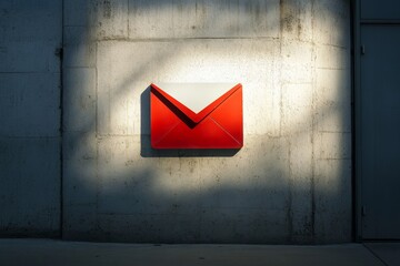 Poster - Bright Red Mail Symbol on a Concrete Wall, Illuminated by Sunlight, Showcasing Modern Urban Art in an Outdoor Setting