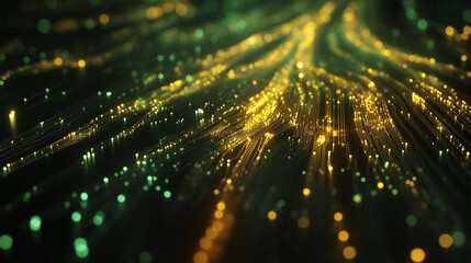Fototapete - Abstract circuit board background with glowing green and gold energy pulses. Perfect for tech branding, presentations, and modern designs.
